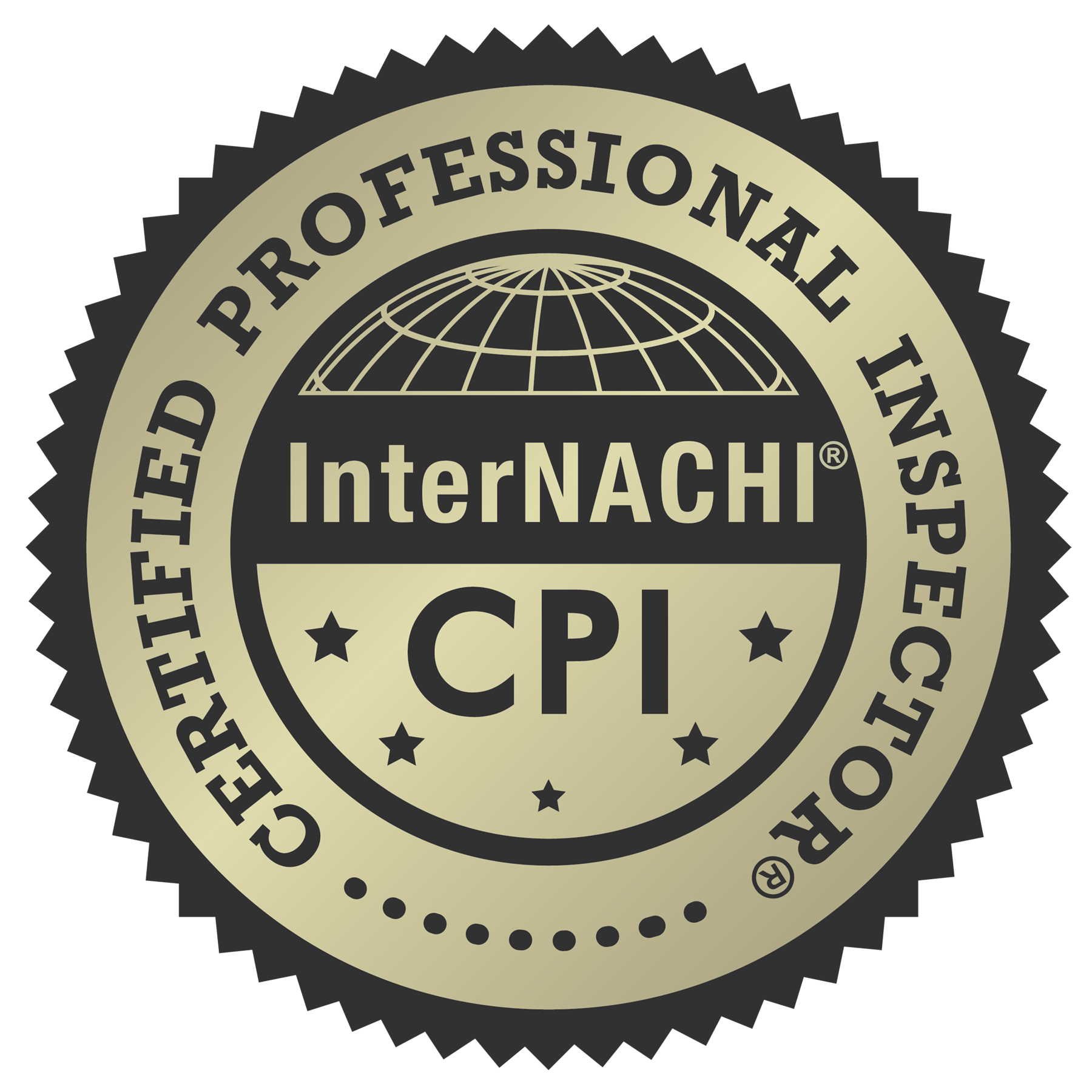 Circular gold and black badge with Certified Professional Inspector, InterNACHI, CPI, stars, a globe graphic in the center, and a distinct design that highlights your status as a certified home inspector.