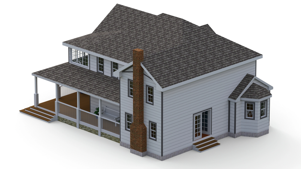 A 3D rendering of a two-story house with gray siding, shingle roof, brick chimney, front porch, and multiple steps leading to entrances.